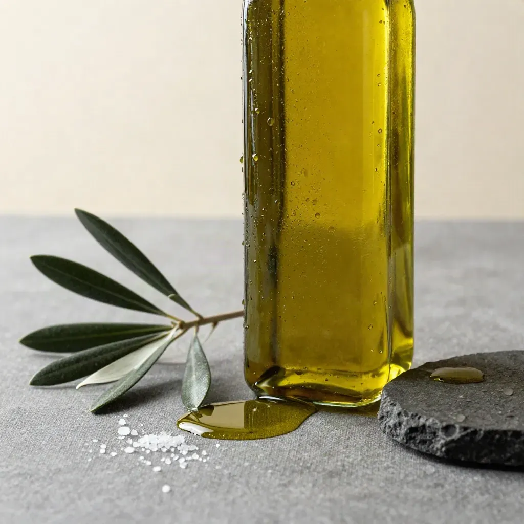 Bottiglia di olio extravergine con ramoscello d’olivo, sale e pietra scura, macro elegante
