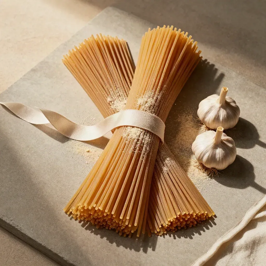 Flat lay dall’alto di pasta di Gragnano, aglio e semola su pietra chiara.