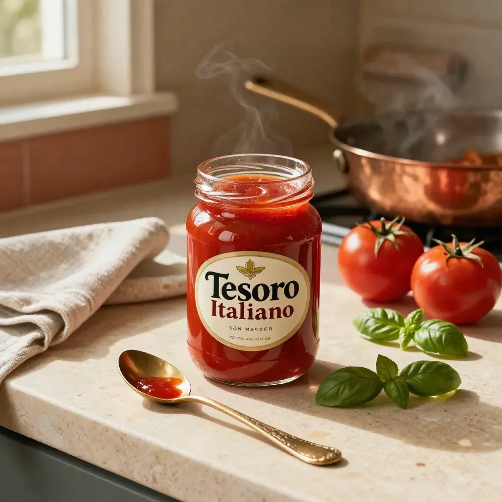 Barattolo di salsa San Marzano con pomodori, basilico, cucchiaio e canovaccio in cucina calda.