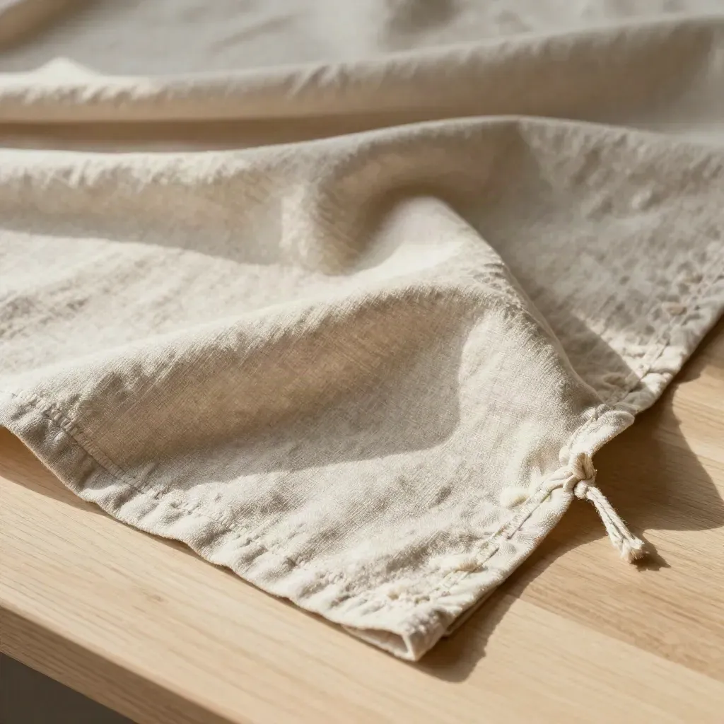Tovaglia in lino stonewashed con peso in ceramica e spago, su tavola di legno chiaro.