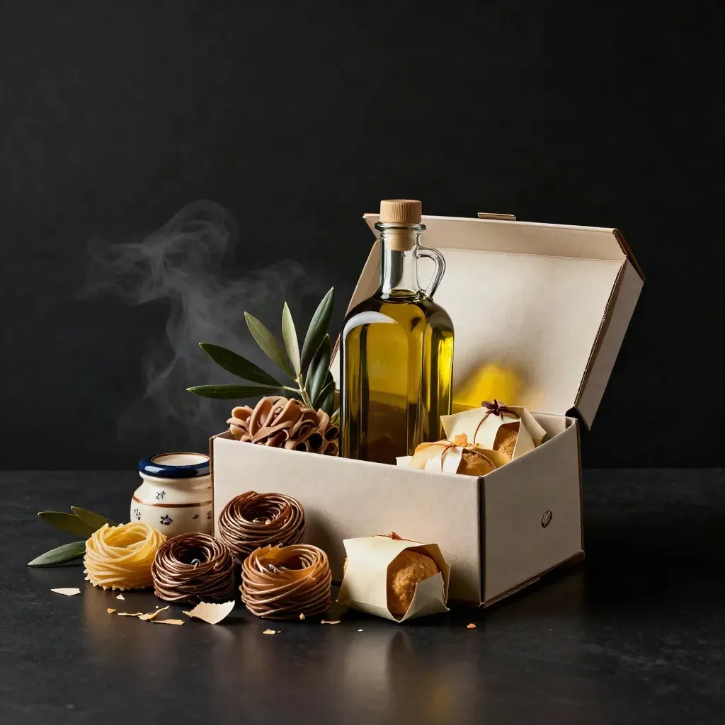 Scatola regalo con olio, pasta, sugo e dolci su fondo nero