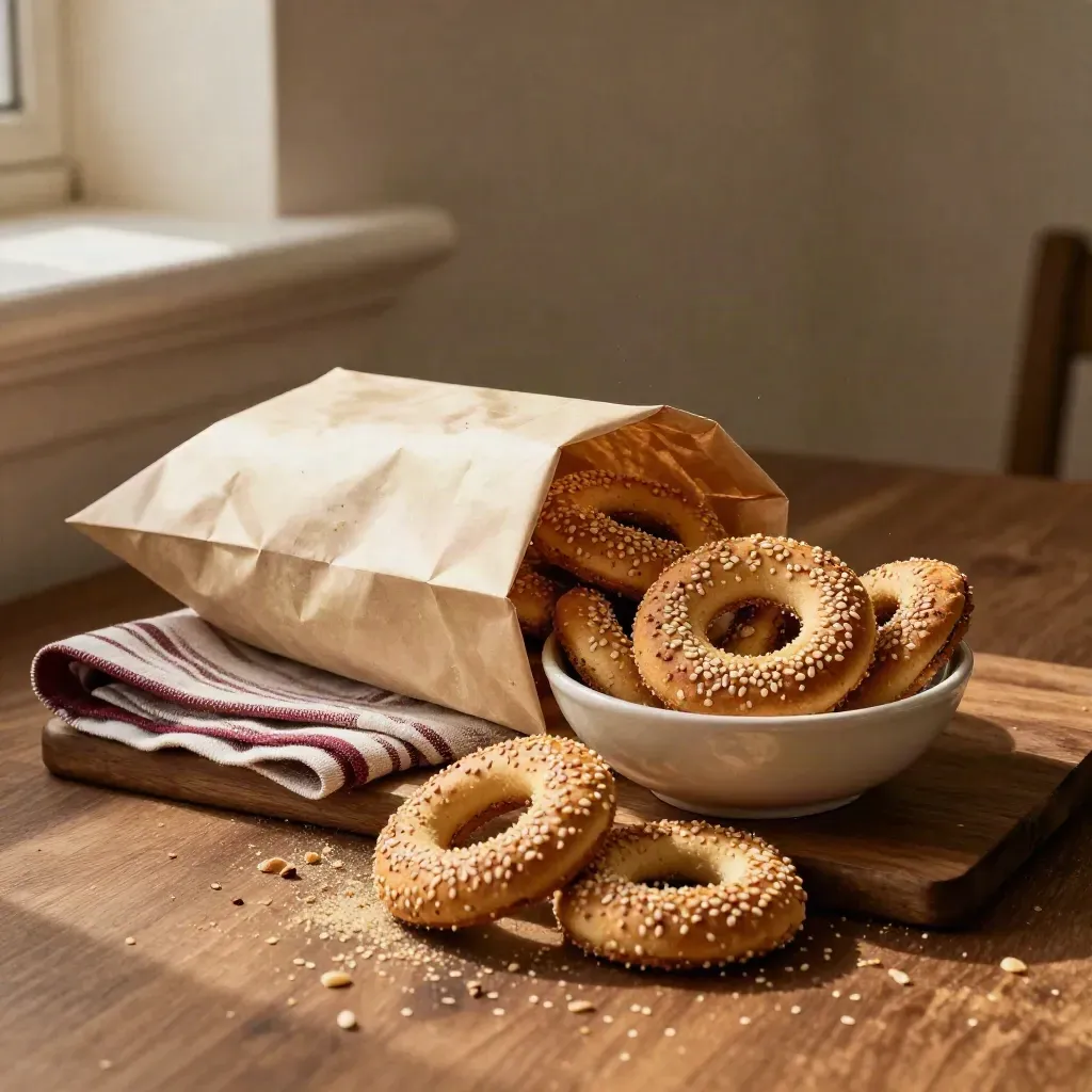 Sacchetto di taralli pugliesi con taralli, ciotola in ceramica e tovagliolo a righe su legno caldo.